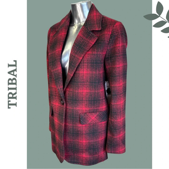 Tribal Red Black Plaid Collared Jacket Single Breasted Size Small - Picture 5 of 8